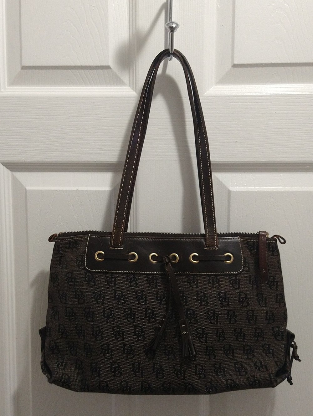 Brown Logo-Print Tote Bag with Tassel Accent